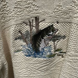 MENS NWOT LARGE TALL LT EMBROIDERED FISH CREAM LONG SLEEVE COTTON SWEATER